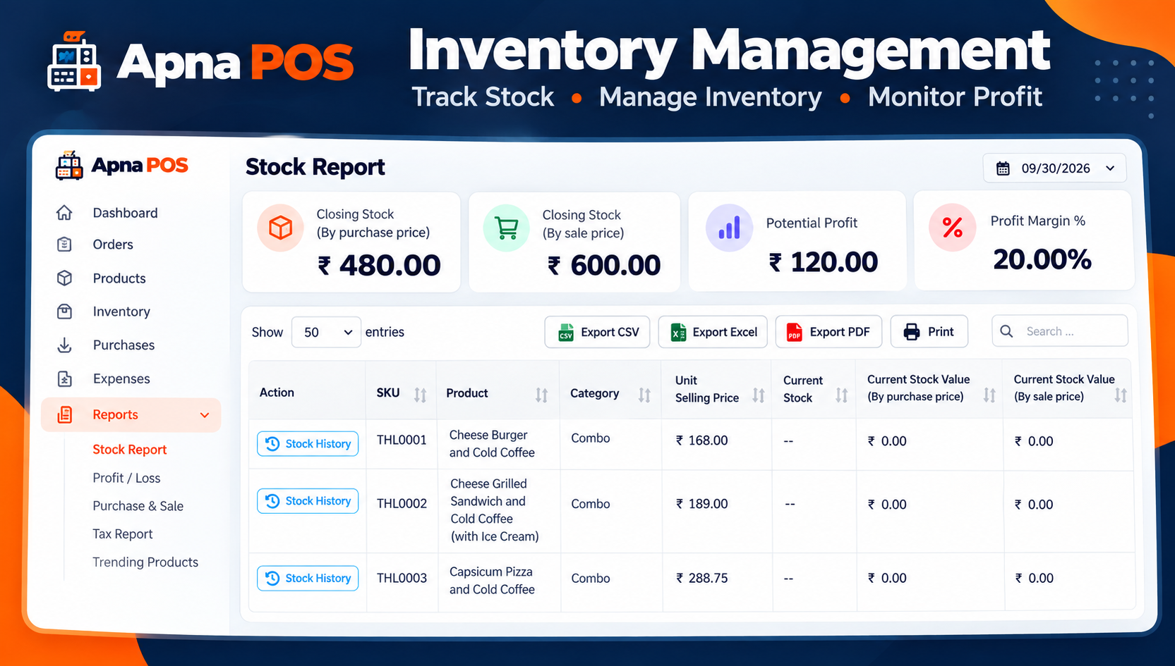 Inventory software screen with stock reporting and invoice-linked workflow
